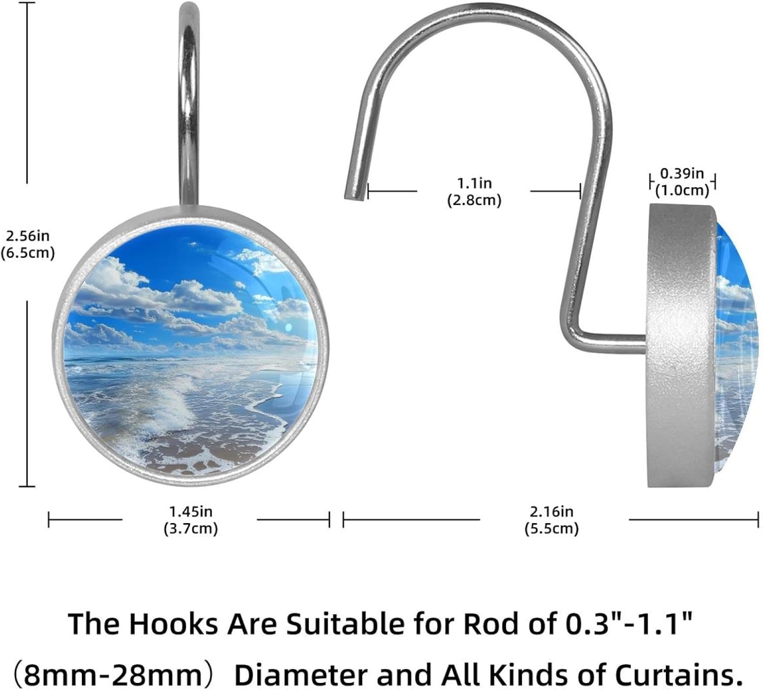 12 Pcs Round Shower Curtain Hooks Stainless Steel Decorative Hanger Rings for Bathroom Kitchen Bedroom Curtain Rods, Blue Sky Sand (2)
