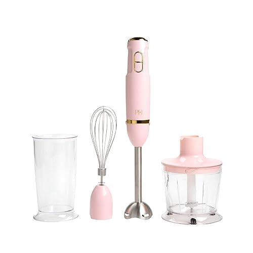 Paris Hilton Hand Blender Set, 2-in-1 Immersion Stick Blender with Whisk & Blending Shaft, 400W High Speed, Pink with Gold Accents – Smoothies, Soups, Sauces, Baby Food, Whipped Cream, Pink