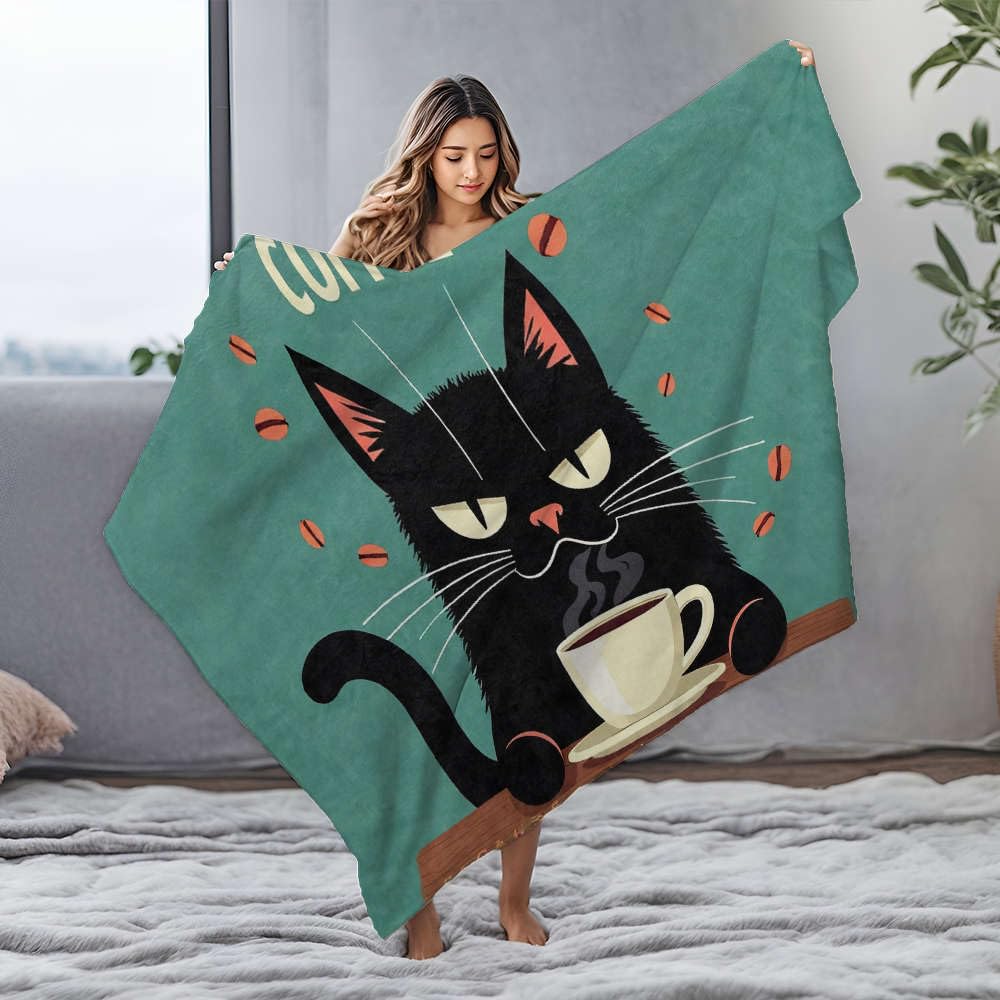 Couverture flanelle chat noir café plaid personnalisé de Pâques 125x150