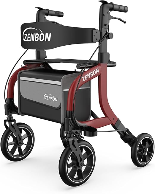 Deambulatore per Anziani in Alluminio: Girello 4 Ruote con Seduta Rollator Leggero Pieghevole - Rollator Viaggio Regolabile in Altezza con Porta Bastone e Borsa della Spesa Rimovibile amovible (Rosso)