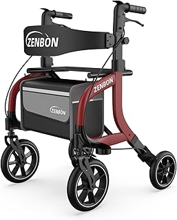 Rollator Faltbar Aluminium mit Sitz: Rollatoren für Senioren Rollator Leicht Klappbar - Reiserollator Höhenverstellbar mit Stockhalter und abnehmbare Einkaufstasche (Rot)