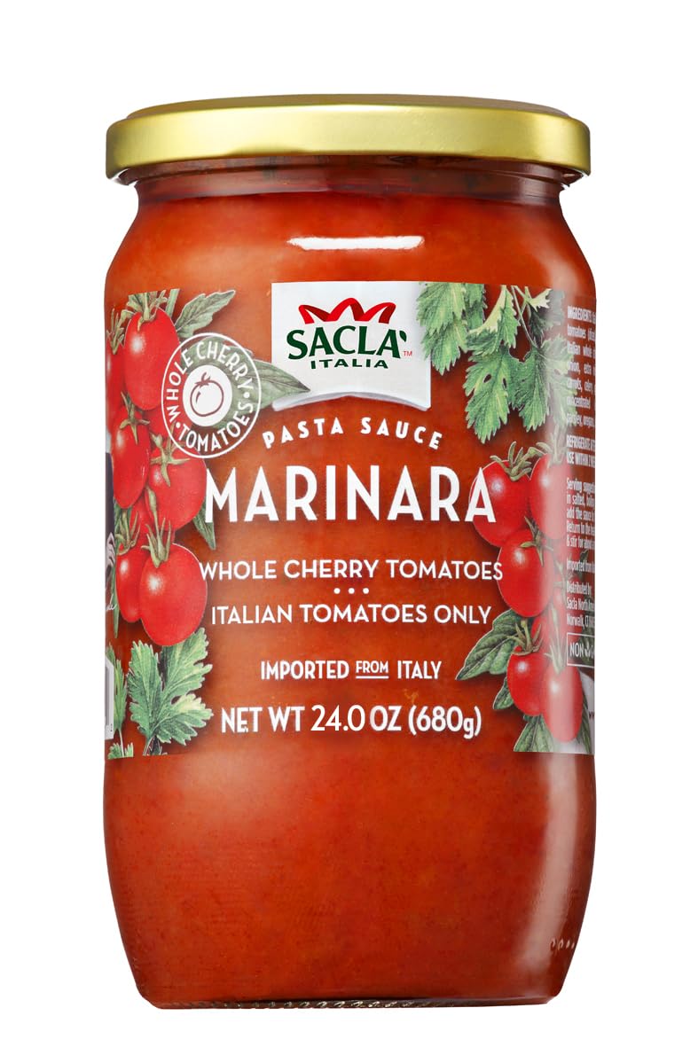 SACLA Marinara Cherry Tomato Pasta Sauce with No Added Sugar | 100% Italian Grown Tomatoes with Extra Virgin Olive Oil | 24 oz Glass Jar | Imported from Italy | Non-GMO Authentic Italian Sauce