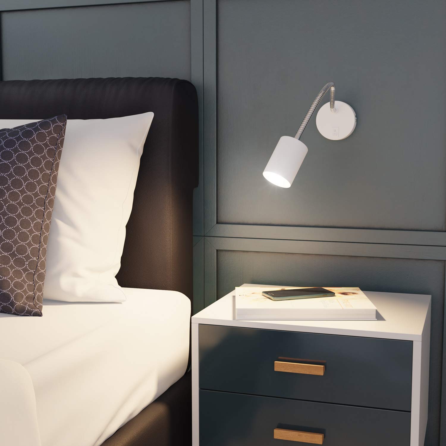 ledscom.de 2x Leselampe WAIKA mit Schwanenhals und Schalter weiß matt, inkl. 630lm LED GU10 Lampe, warm-weiß