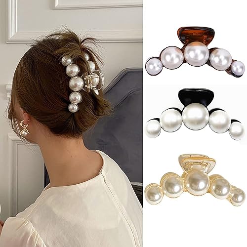 3 pinzas grandes de perlas para el cabello, color blanco, negro, marrón, perla, pinzas de sujeción fuerte, pinzas de mandíbula para el cabello,