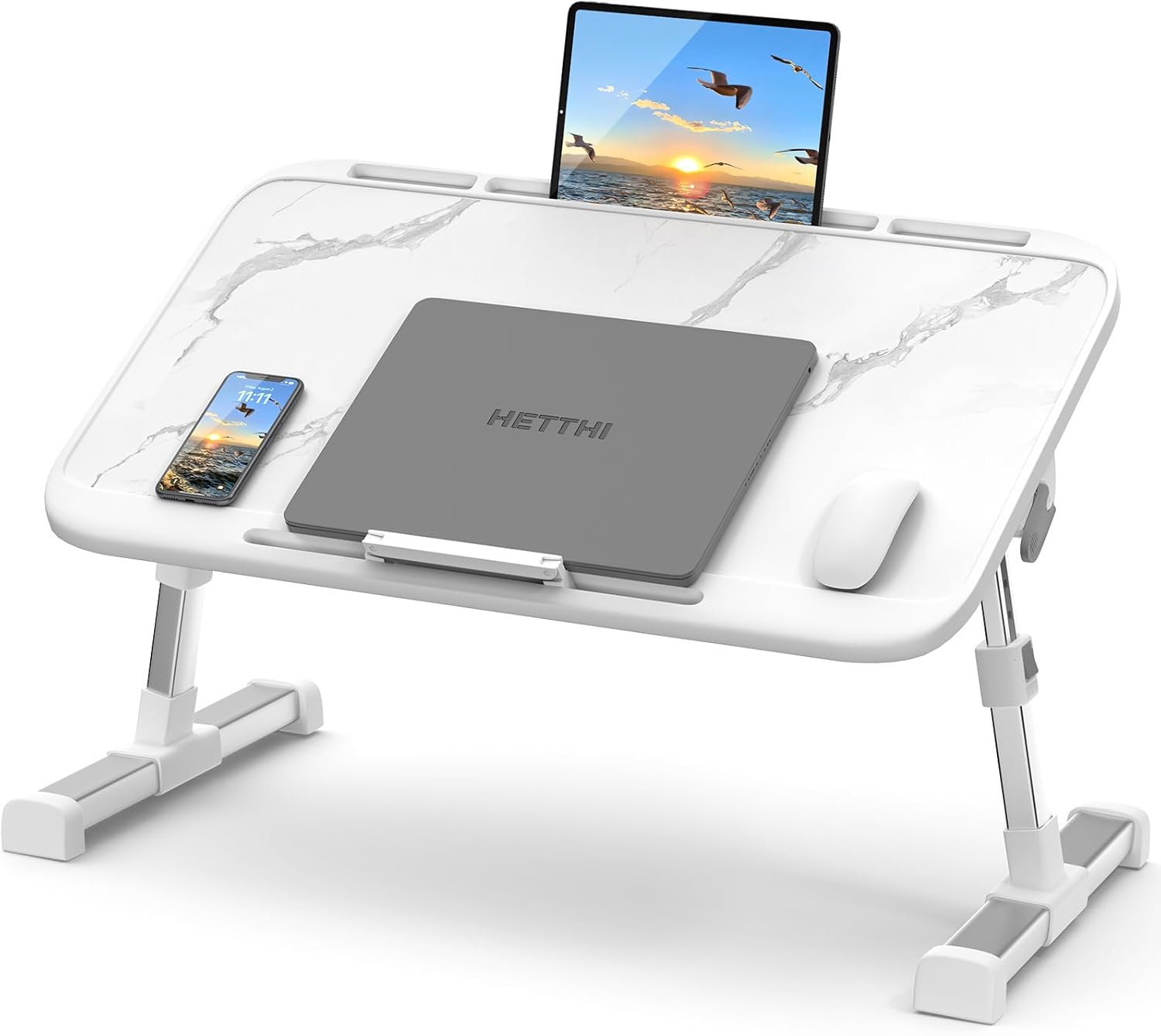 Laptop Bed Tray Table, Adjustable Sturdy Laptop Stand for Bed with Premium Materials, Folding Portable Lap Desk for Writing Working Reading Eating Couch Floor (Marble, 23.6"×14")