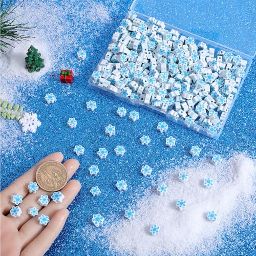 SUNNYCLUE 1 Box 300Pcs 10mm Snowflake Beads Christmas Polymer Clay Beads Cute Blue White Xmas Flat Loose Spacer Beads Bulk for jewellery Making Diy Bracelet Necklace Chocker Craft Supplies Party Decor - Image 3