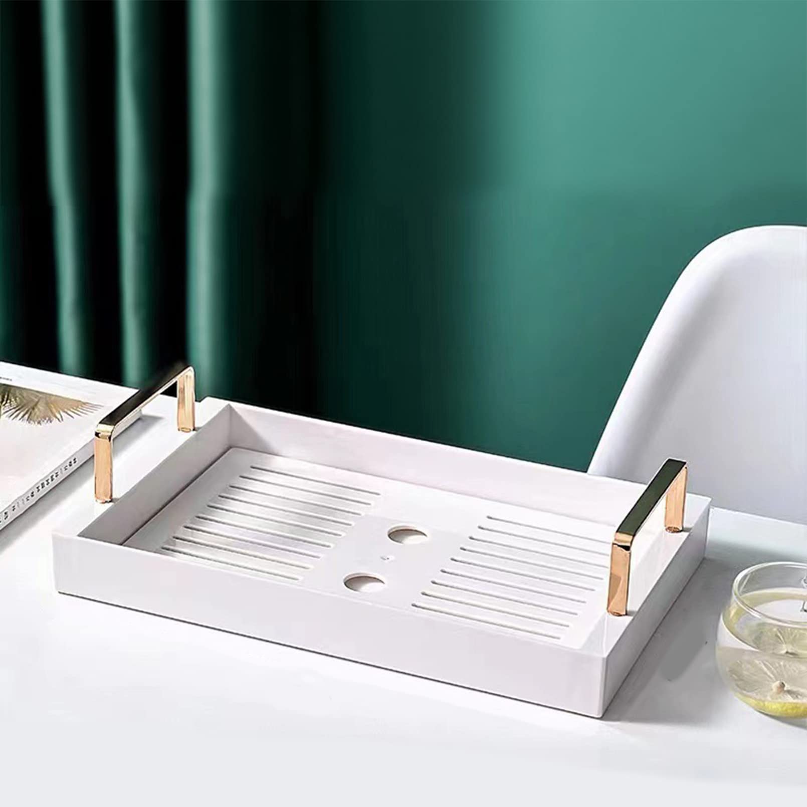 AmoillyFood Serving Display Tray with 6 Bowls, Premium Tea Tray, Rectangle Food Tray for Serving Food, Candy, Fruit, Snack, Vegetable (Tray 6 Bowls, White)