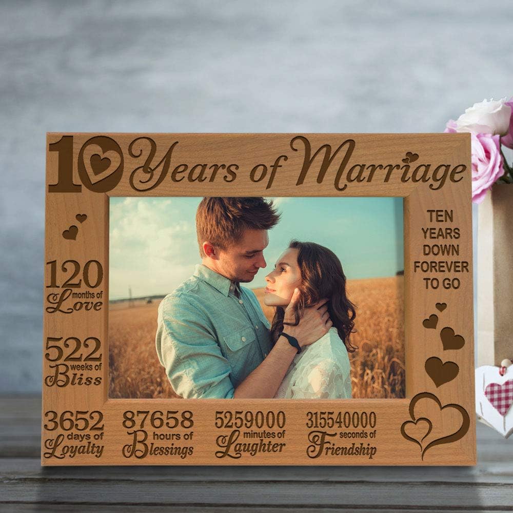 KATE POSH - Our 10th Wedding Anniversary Picture Frame, 10th, 10 Years Anniversary, 10 Years of Marriage, 120 Months of Love - Engraved Natural Wood Picture Frame (5x7-Horizontal)
