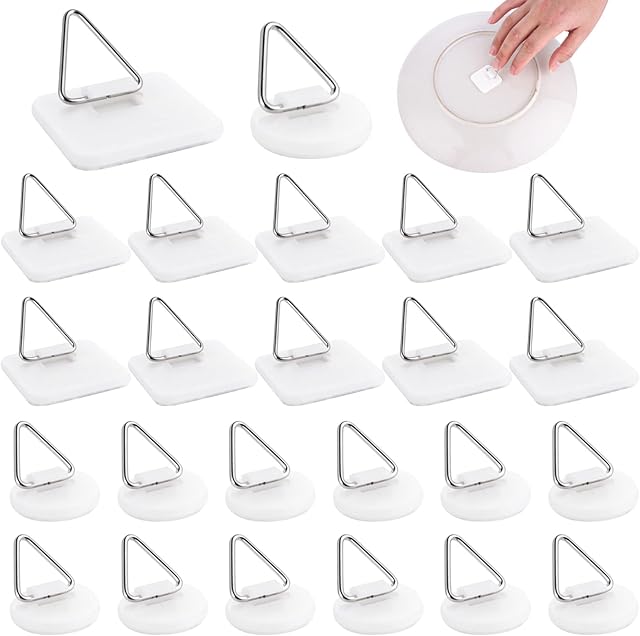 Thinp 30 Pieces Wall Plate Hangers, Invisible Adhesive Plate Hanger Plastic Adhesive Picture Hangers Without Nails Frame Hangers Plate Holder for Bathroom Kitchen Wall Decoration (Round&Square)