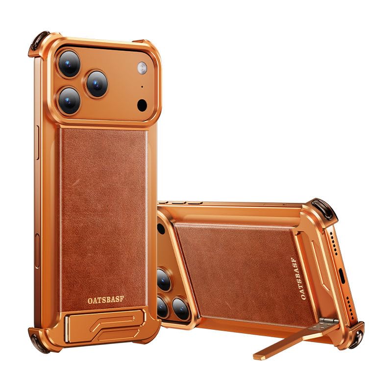 Image of Luxury Magnetic Leather Phone Case Compatible with iPhone 17 Pro with Hidden Stand | Frameless Aluminum Alloy Bumper | Shockproof Cover - Orange Titanium