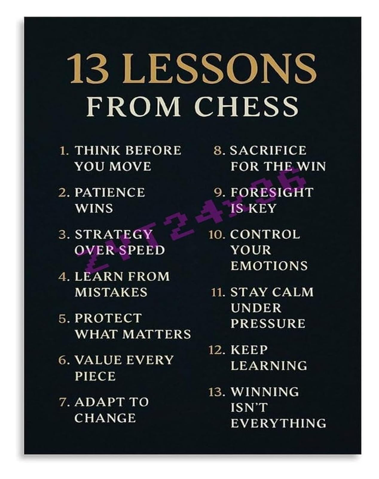 PKNVKZIDK Chess Motivational Poster 13 Lessons From Chess Quote for Game Room Gift Wall-Art