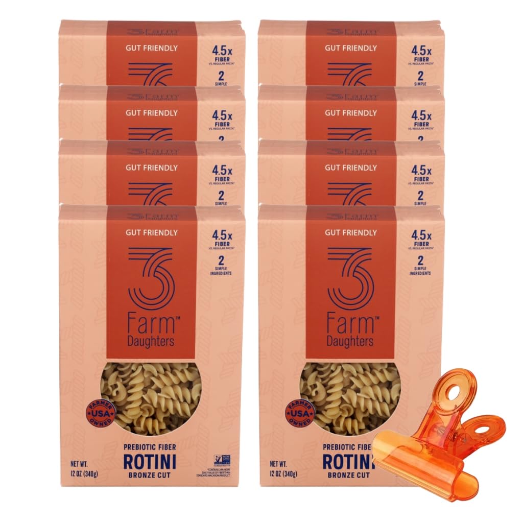 Three Farm Daughters Pasta Rotini 12 Oz – with Food Bag Clips – Spiral Pasta For Salads And Meals, Durum Wheat Noodles, Pantry Staple, Easy Cooking, Firm Texture – Pack of 8
