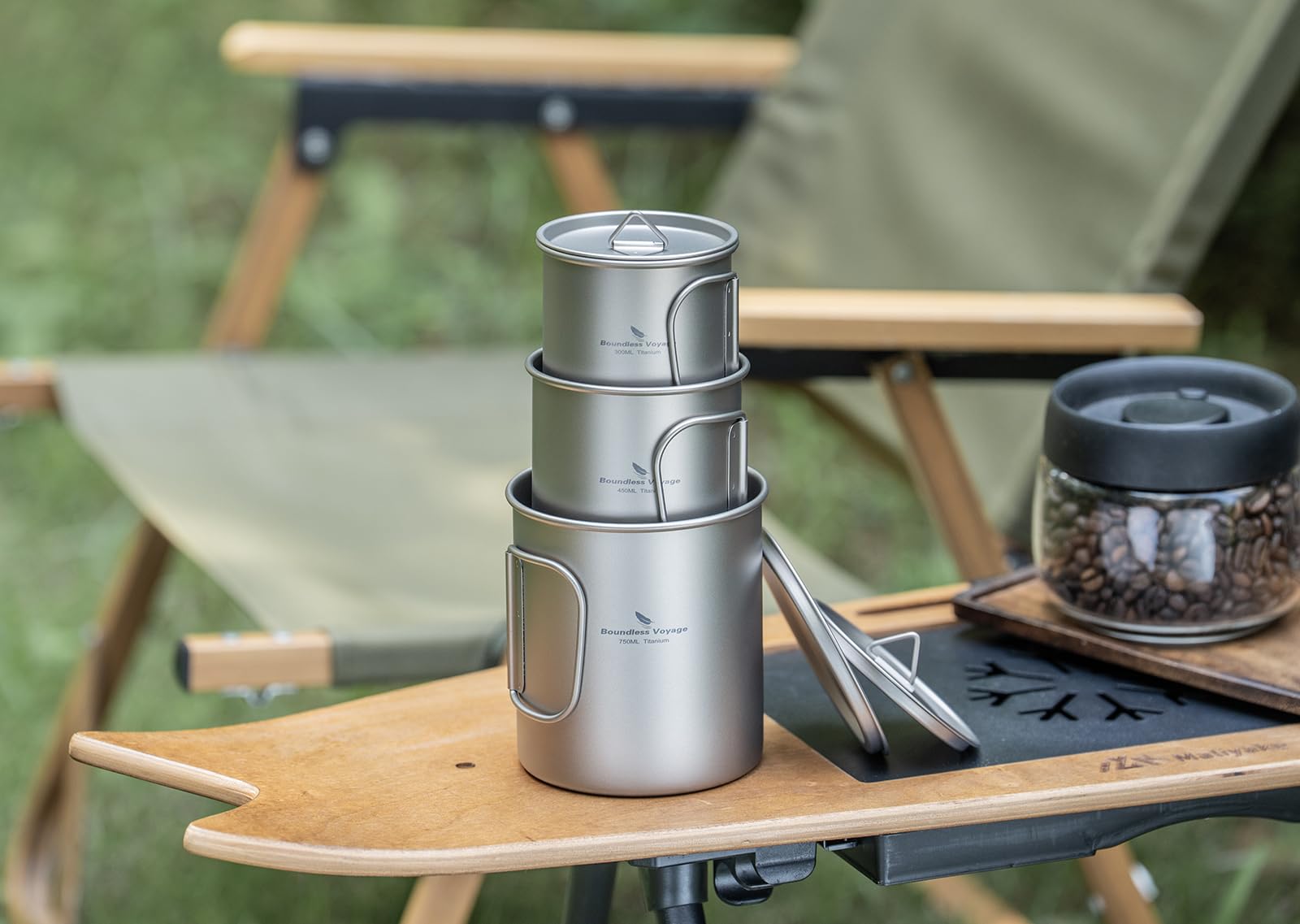 Boundless Voyage Tytanowy kubek z pokrywką na zewnątrz tytanowy lekki kubek do kawy na piesze wędrówki z plecakiem kemping (Ti3250D-300ML+450 ml + 750 ml)