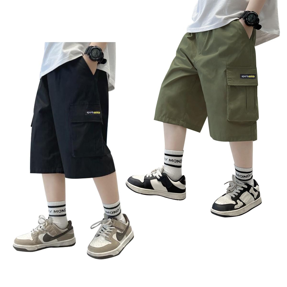 Lot de 2 Shorts Cargo garçons 4-12 Ans, Enfants garçons Pantalons Courts Cargo Multi-Poches Bermuda d'été décontracté Short Loisir Jogging Danse Hip-hop Bermudas Eté Casual