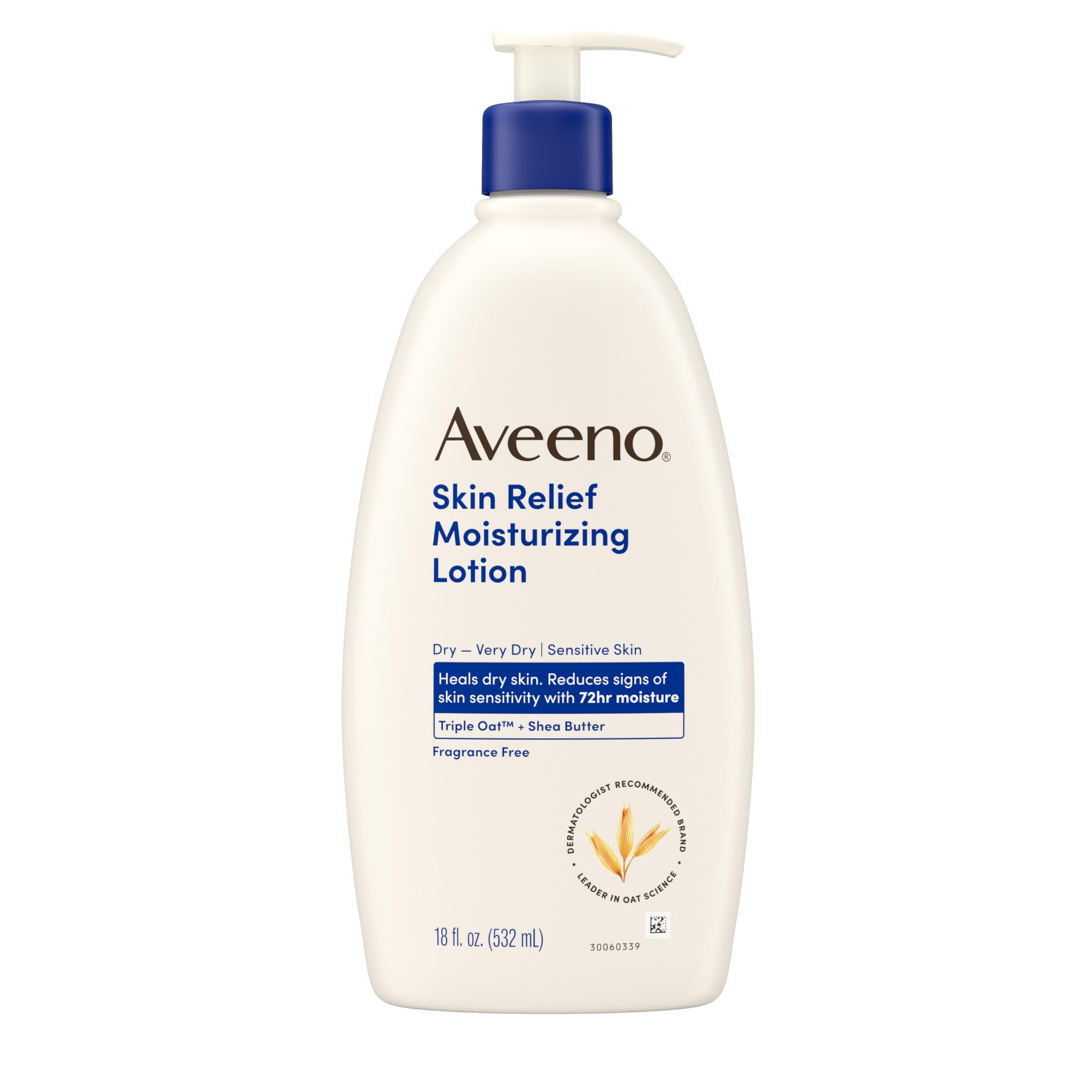 Aveeno Skin Relief Moisturizing Lotion Heals Very Dry, Sensitive Skin, Fast-Absorbing Body Lotion with Soothing Triple Oat & Shea Butter Formula, Fragrance Free, Non-Comedogenic, 18 fl. oz