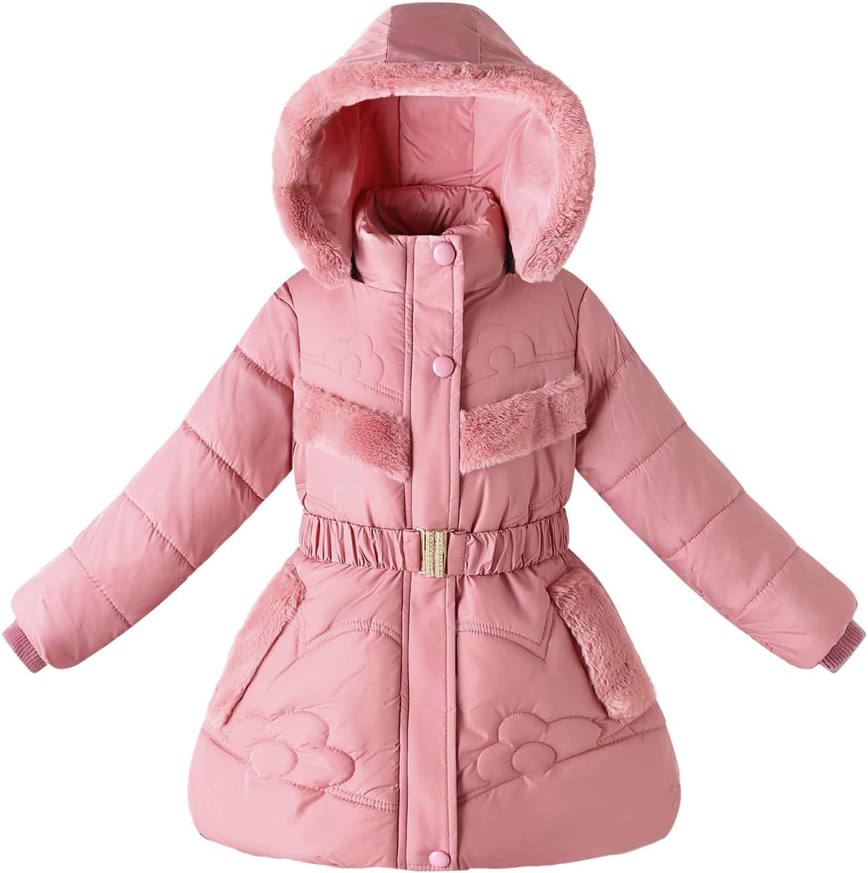 Kids Winter Girls Coats Fleece Padded Fur Collar Hooded Puffer Jackets Clothes