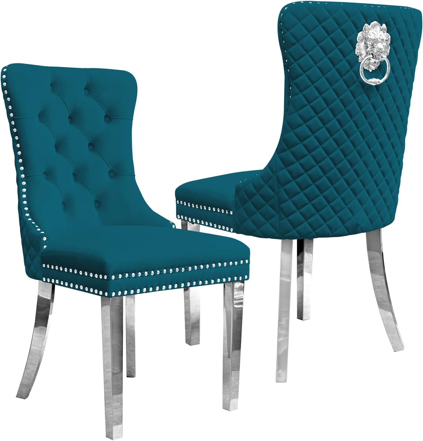 M-V-O Luxury Velvet Door Knocker Dining Chairs – Soft Padded Velvet Upholstery with Chrome Knocker & Studded Trim – Elegant Dining Room Chairs (Teal, 2 Pack)
