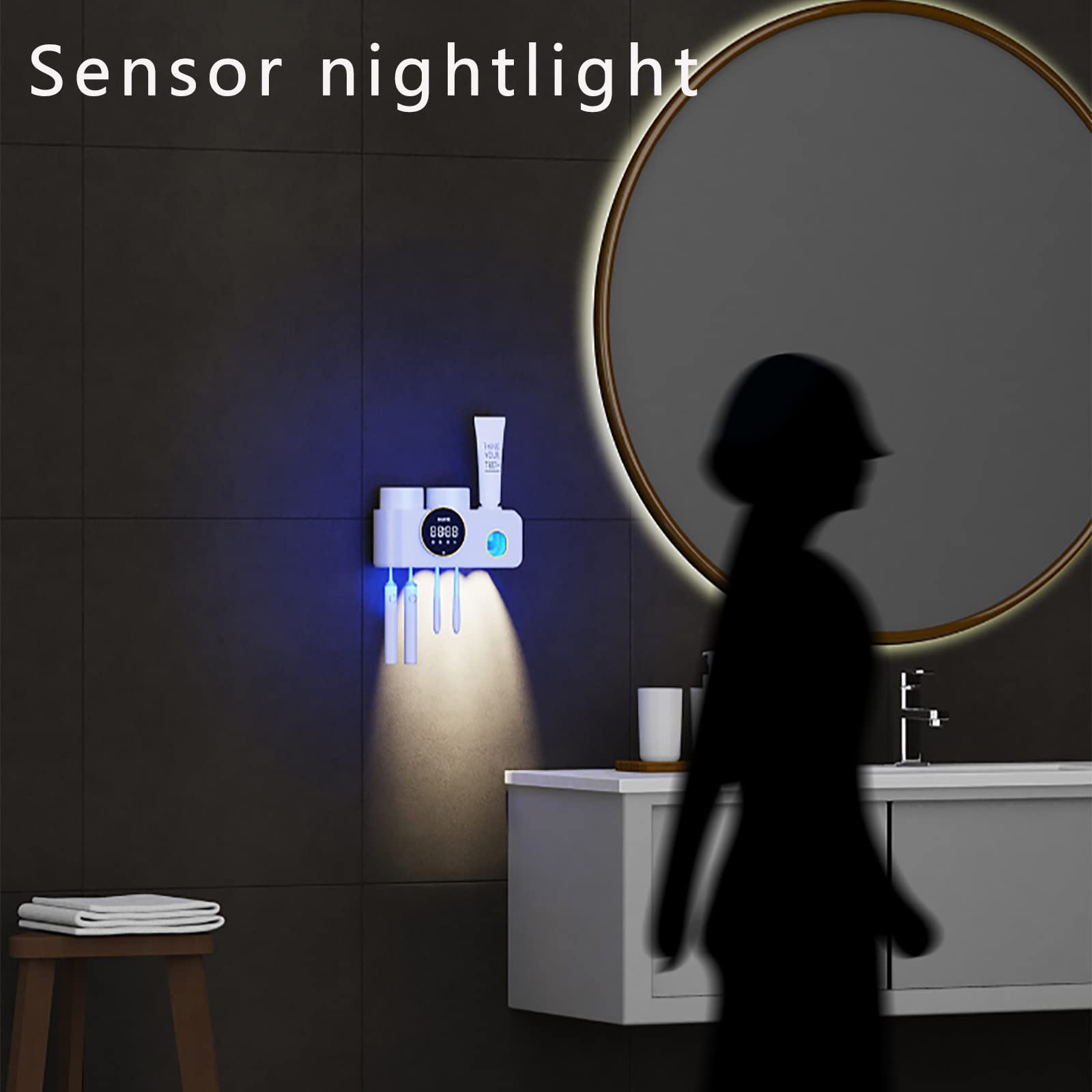 Porta Cepillo de Dientes, Soporte Cepillo de Dientes con Función Esterilizador Secado, LED Estuche Cepillo Dientes con Luz Nocturna, Organizador Baño USB Recargable, Negro