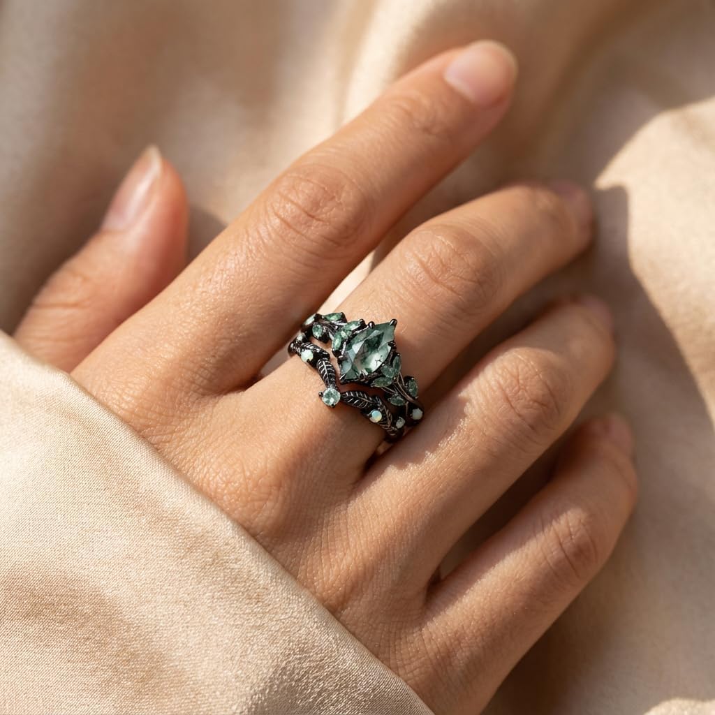 Natural Moss Engagement Agate Black Ring for Women 925 Sterling Silver or Solid Gold Engagement Ring Set Jewelry Gift for Her Customizable Bridal Wedding Ring Set Gift for Wife Optional Size 4-15