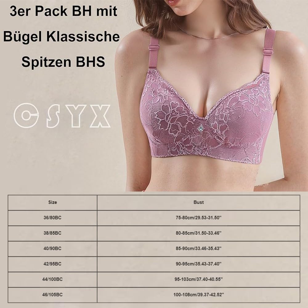 Pack of 3 Damen BH mit Bügel Lace Bustier Push Up Sport BH Spitze