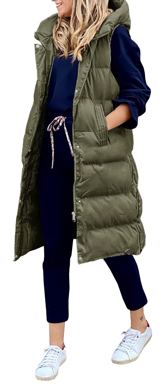 AvilegoWomen's Hooded Long Down Vest Full-Zip Sleeveless Puffer Vest Fashionable Coats Jacket