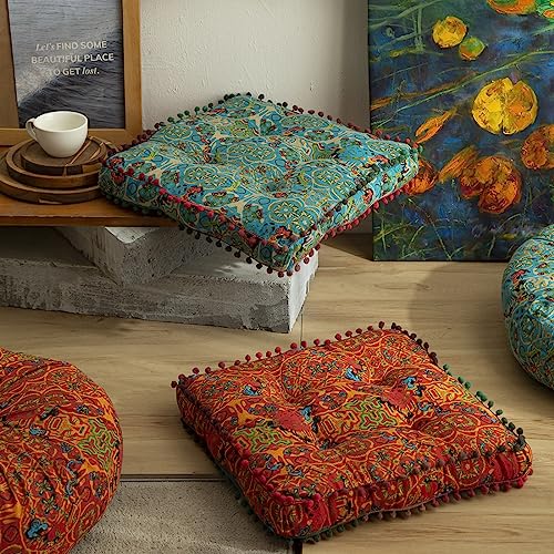 Vctops Boho Cotton Linen Square Chair Seat Cushions For Dining Kitchen Office Chairs Super Soft Printed Chair Pads With Pompom Fringe thumb #5