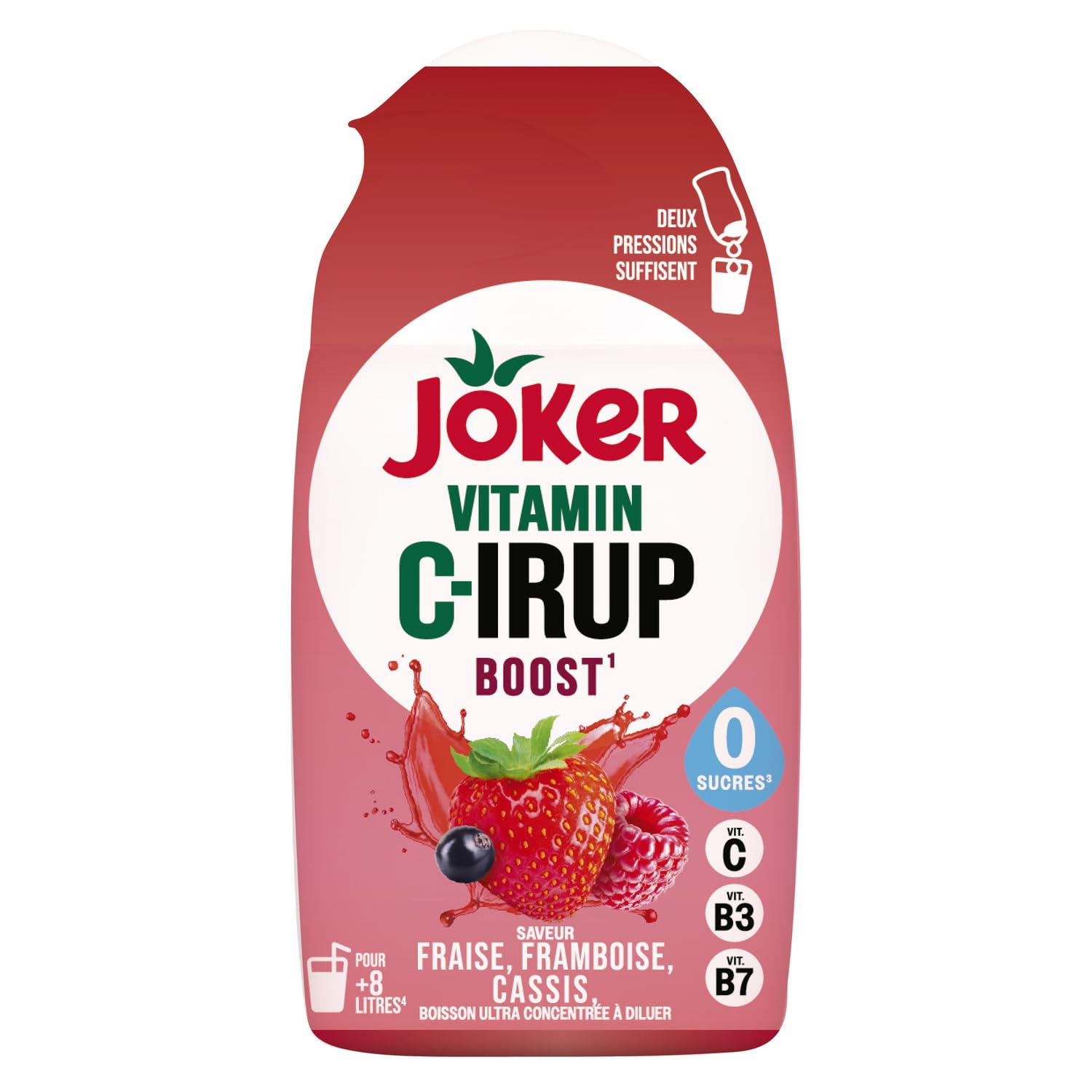 JOKER Boisson Ultra Concentrée Vitaminée Fraise Framboise Cassis - Format Malin 65 ml pour 8 Litres de Boisson Sans Sucres Ajoutés - Avec Vitamines C, B3 et B7 - Lot de 3