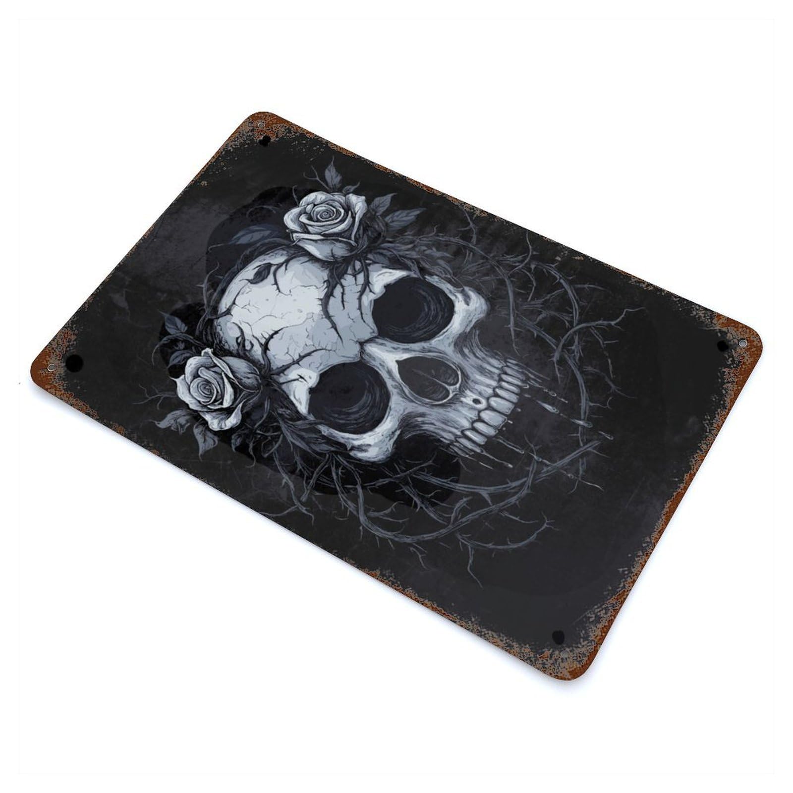 Rusty Metal Tin Sign with Skull with Roses - Gothic Design 11.8"x7.9", for Farmhouse, Kitchen And Entryway Decor, Rustic Home Decor