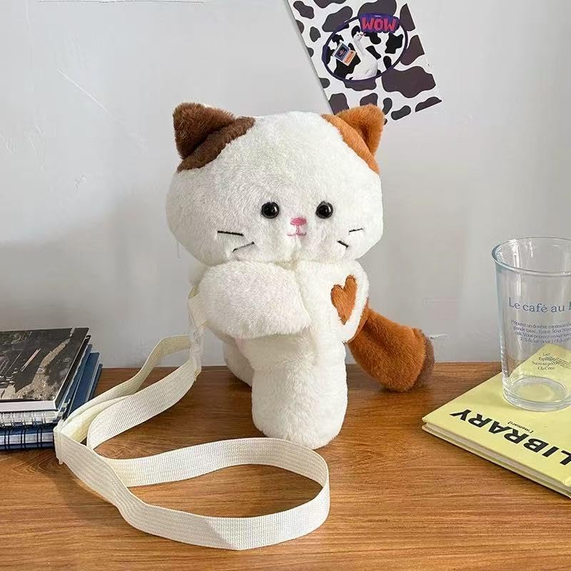 Cute Plush Calico Cat Shoulder Messenger Bag, Plush Cat Crossbody Bag, Stuffed Animal Backpack for Girls Women (Multi Color) - Image 2