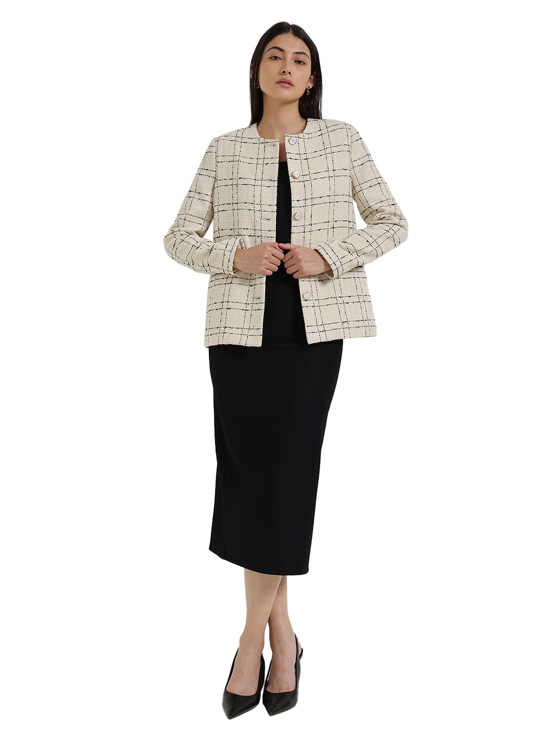 Women Jacket | Regular Fit Round Neck Checkered Design | Bouclé Textured Fabric & Button-Front Style For Office & Workwear-image-38