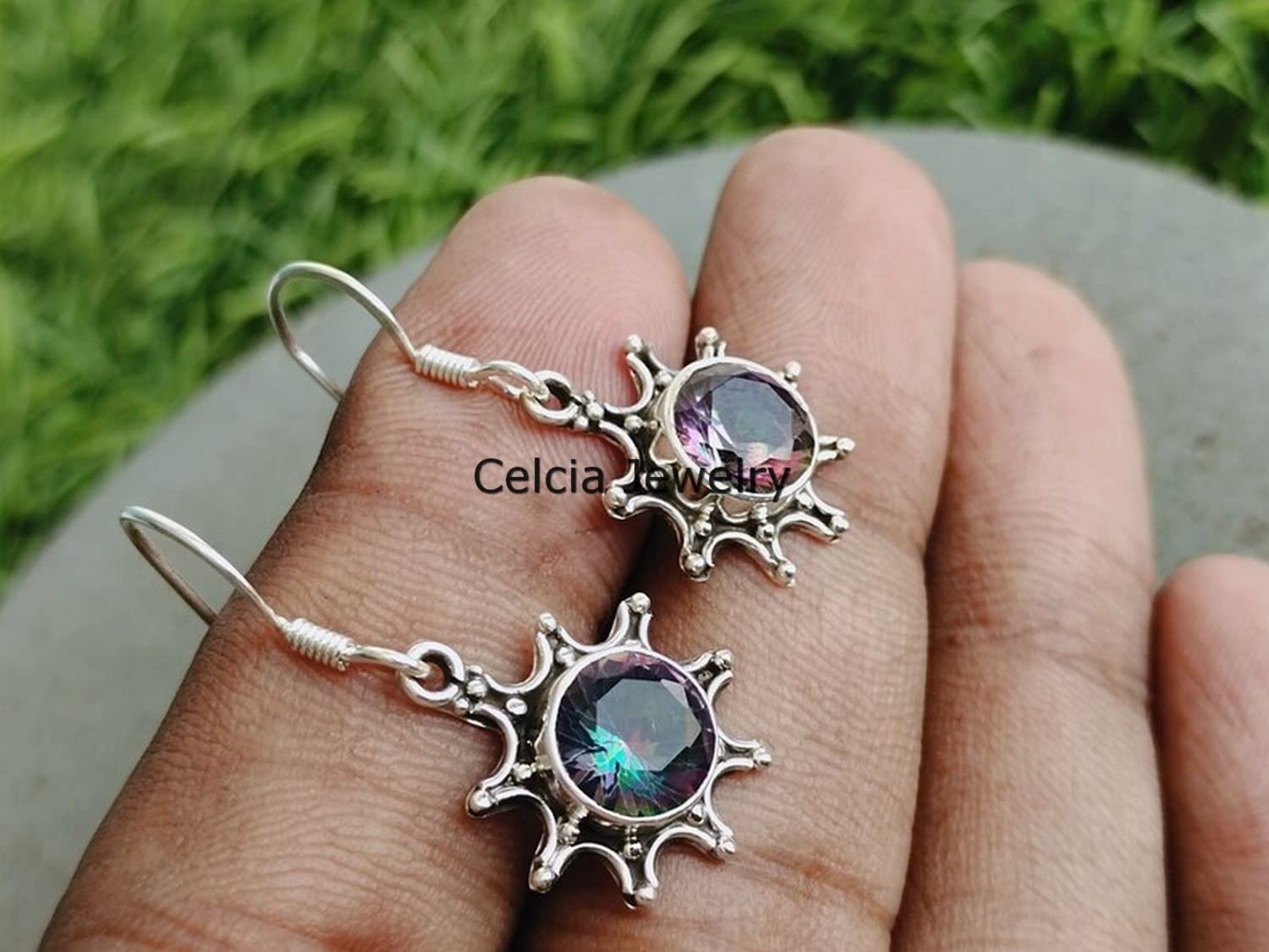 Pendientes colgantes de plata de ley 925 pura para mujer, pendientes hechos a mano increíbles con piedras preciosas redondas facetadas de topacio místico genuino para ella