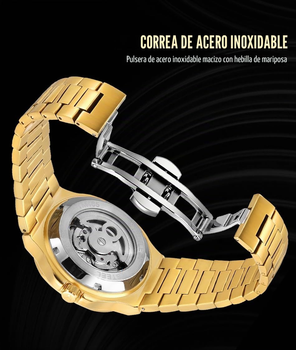 FORSINING Reloj analógico de esqueleto automático de lujo para hombre con correa de acero inoxidable