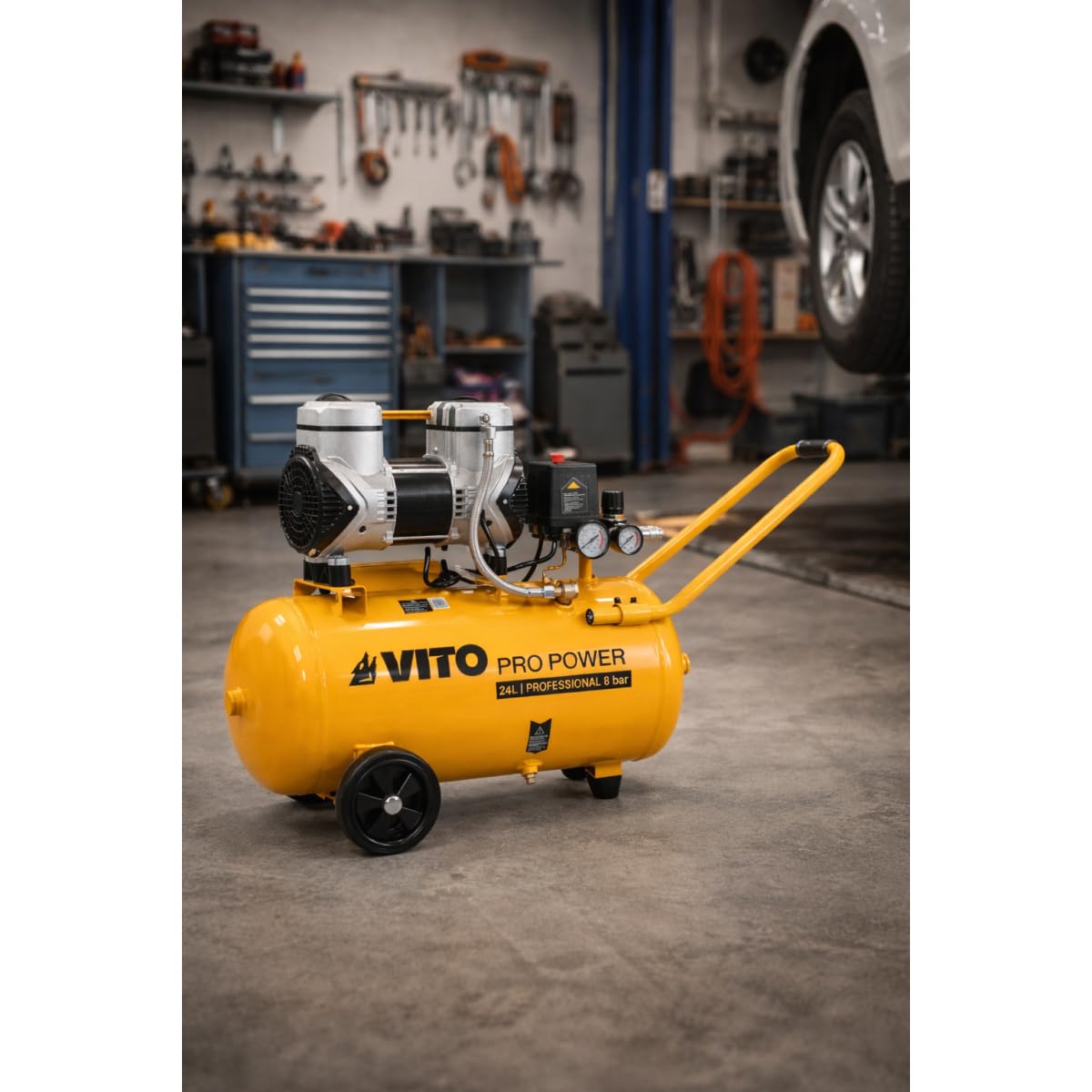 Vito – Compresor de aire portátil silencioso 24L 2CV / 1,5 kW inflador neumáticos para coche, astillero sin aceite, 8 bar