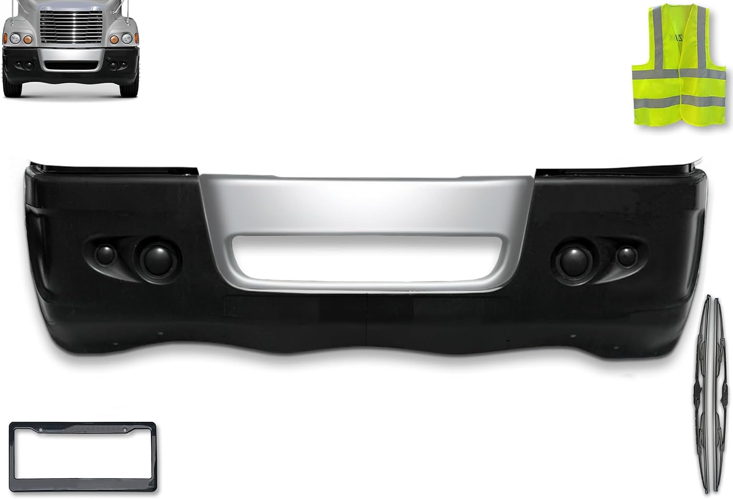 KOZAK Front Bumper - Front Center Chrome and End Corners Plastic without Fog Light Holes Set Compatible with Century 2005-2011 Includes Logo, 2x 22" Wipers, License Plate Holder, and Vest