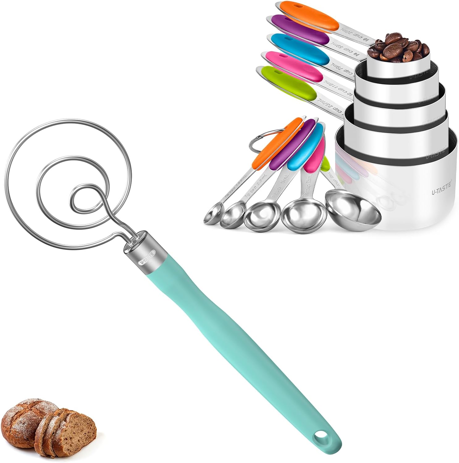 U-Taste 18/8 Stainless Steel Measuring Cups and Spoons Set of 10 (Multicolors) and 12.6in Stainless Steel Danish Dough Whisk (Aqua Sky)