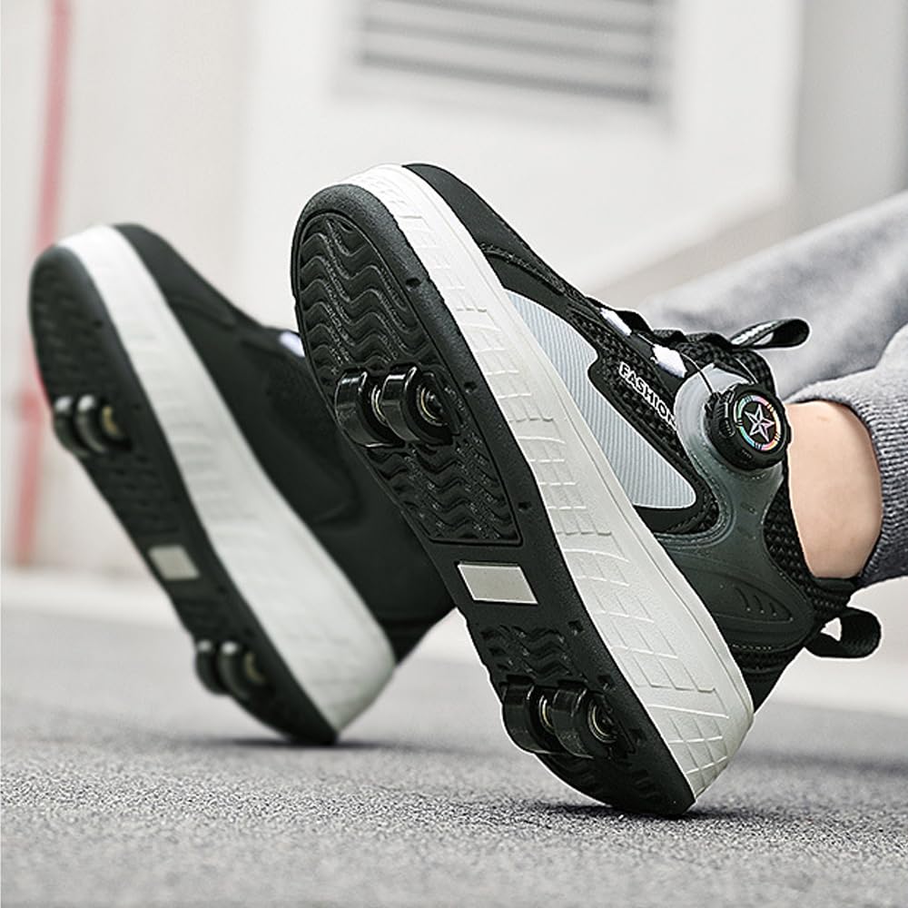 Hixingo Chaussure a Roulette pour Fille Garçons, Chaussures a roulettes avec Roues Chaussures de Skateboard, Patins à roulettes Lacet Revolve Basket à roulettes Noir Gris