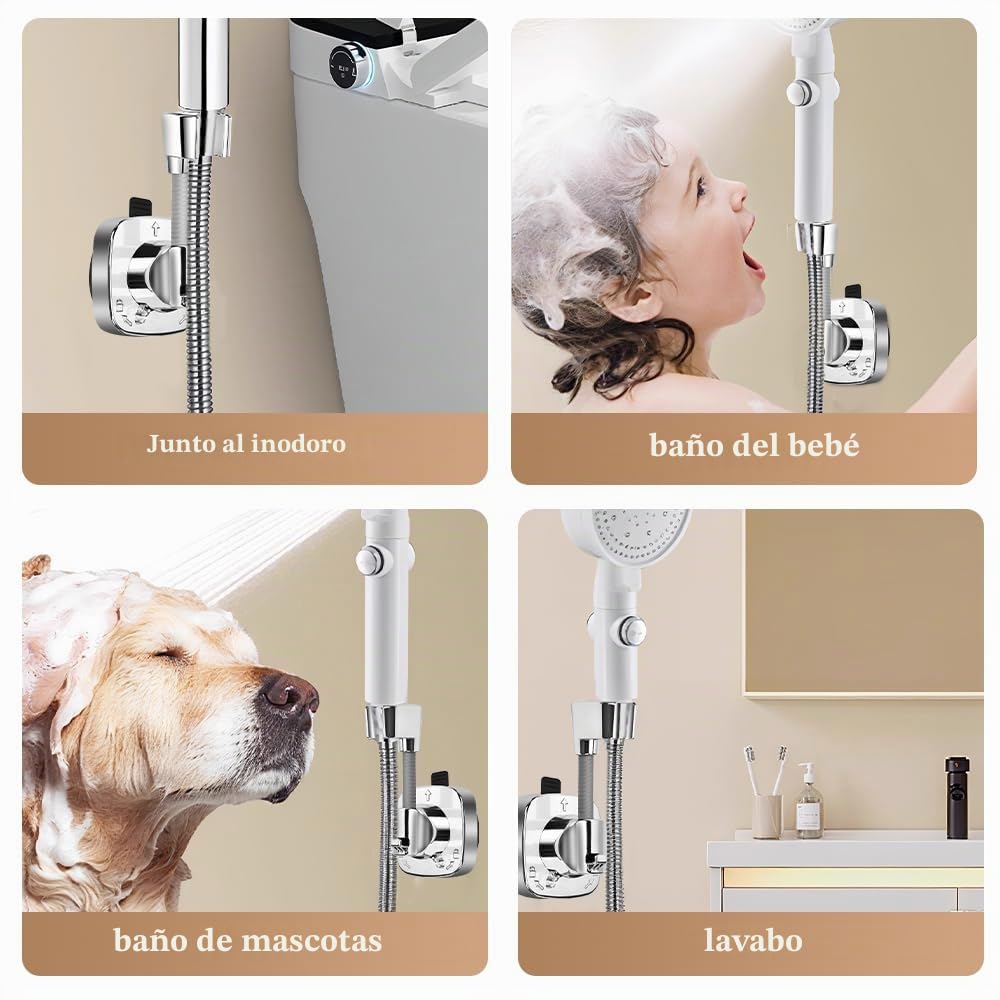 Soporte para Alcachofa de Ducha Sin Taladro, Soporte de Ducha Giratorio 360°, Sujeta Alcachofa deDucha con Ventosa para Pared,Soporte para Cabezal deDucha Ajustable Hasta 15 Kg Para Baño