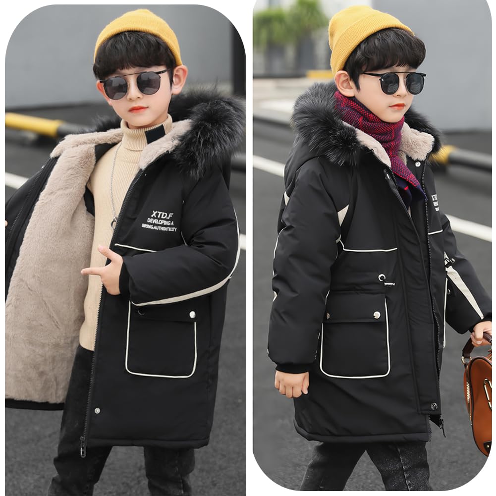 Veste Garcon Chaud Coupe-vent Manteau Enfant Epais Polaire Blouson Long Décontracté Hiver Vêtement avec Capuche à Col de Fourrure