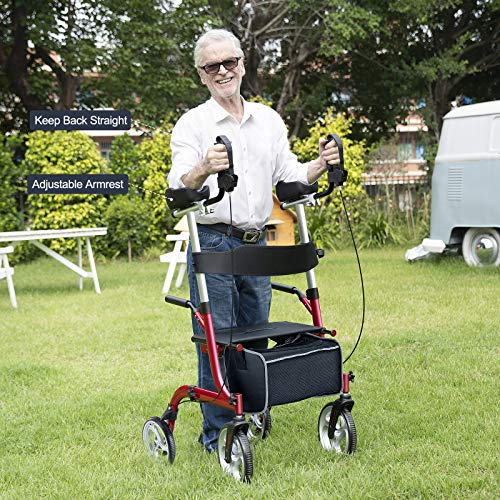 Rinkmo Upright Rollator, Upwalker Lite for Seniors and Adults Stand Up Folding Rollator Walker with Seats and 10” Wheels, Padded Armrest and Backrest, Tall Rolling Mobility Walking Aid with Basket,Red - Thumbnail 2