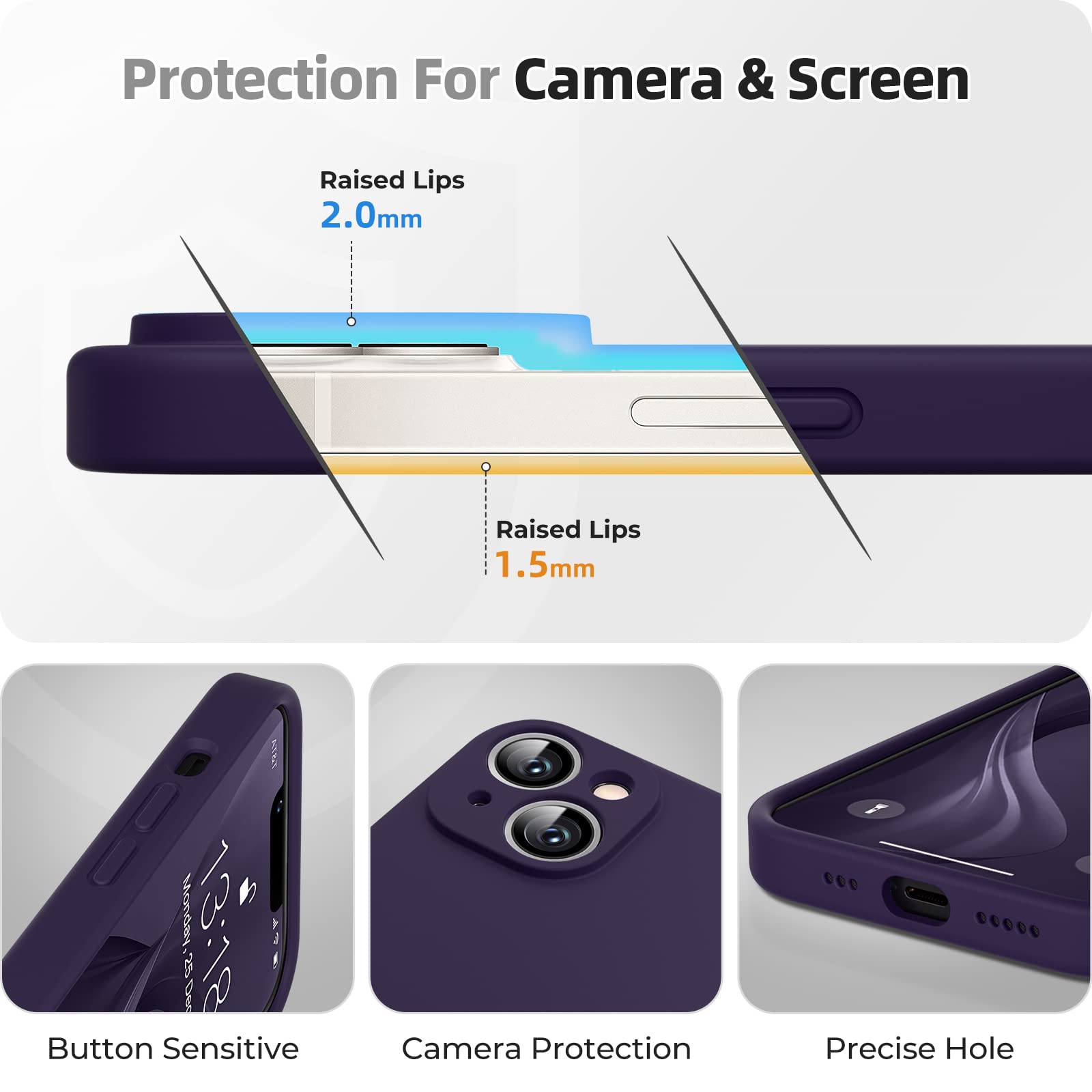 GOODVISH 3 in 1 Cover in Silicone per iPhone 14 6,1'' (2022), con 2 Pezzi di Pellicola Protettiva, Custodia per Cellulare Ultra Sottile Antiurto Resistente Protezione Fotocamera, Viola Scuro