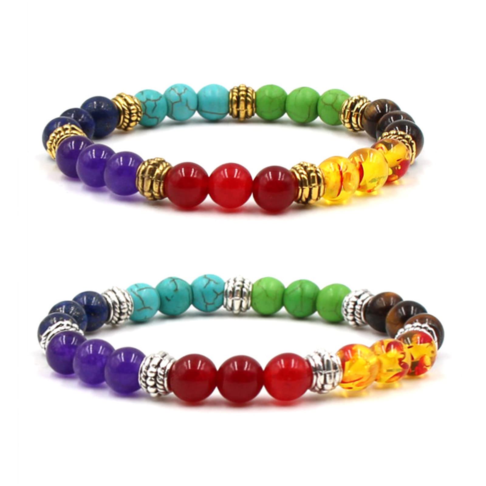 2Pcs Lucky 7 Chakras Evil Eye Hamsa Hand of Fatima Beaded Bracelet Gemstone Lava Stone Yoga Bead Stretchy for Women Men Good Luck Protection Amulet Jewelry-F style2