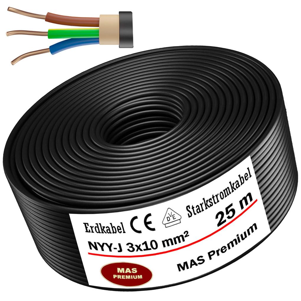 MAS Premium Câble souterrain NYY-J 3 x 1,5, 2,5, 4, 6, 10, 16 ou 5 x 1,5, 2,5, 4, 6, 10, 16, avec anneau pour pose en plein air (NYY-J 3 x 10 mm², 25 m) 5-170 m