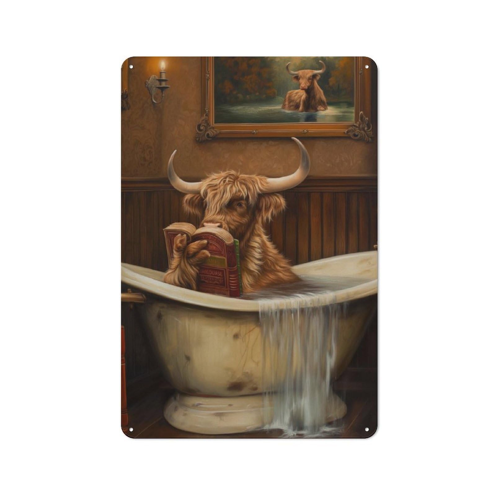 Junmoney Highland Cow Bathroom Book Metal Plaque 30X20cm With For Garage Wall, Retro Decor, For Themed Interiors In Garages And Workshops
