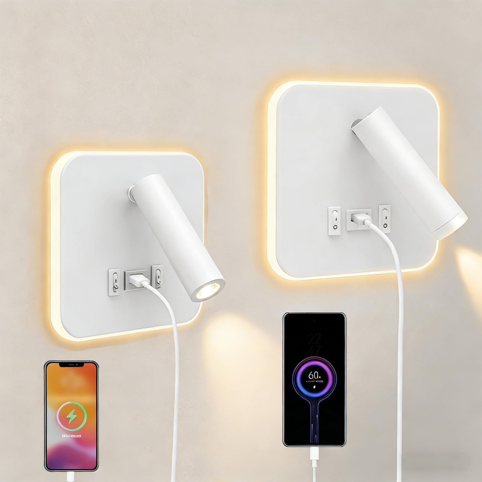 2Pcs Lámpara de Pared LED, Aplique de LED Luz de Lectura con Interruptor y puerto de carga USB,Luz de Lectura Junto a la Cama, Aplique de Pared Cabecera Ajustable Para Dormitorio Escaleras Salas