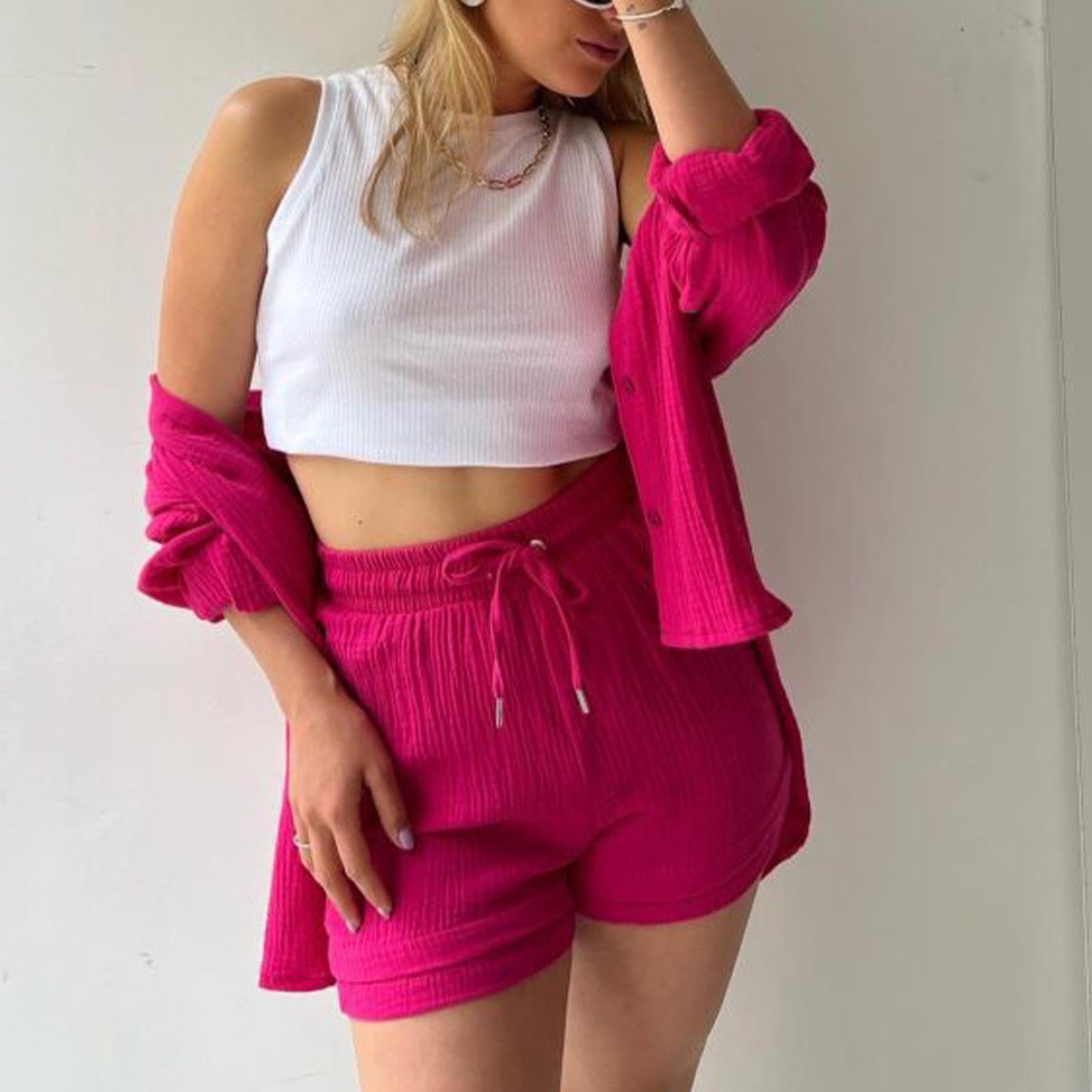 Completo estivo da donna in 2 pezzi, set da donna in mussola, camicia top con bottoni + pantaloncini, abbigliamento estetico, abbigliamento da casa, abbigliamento streetwear, abbigliamento da