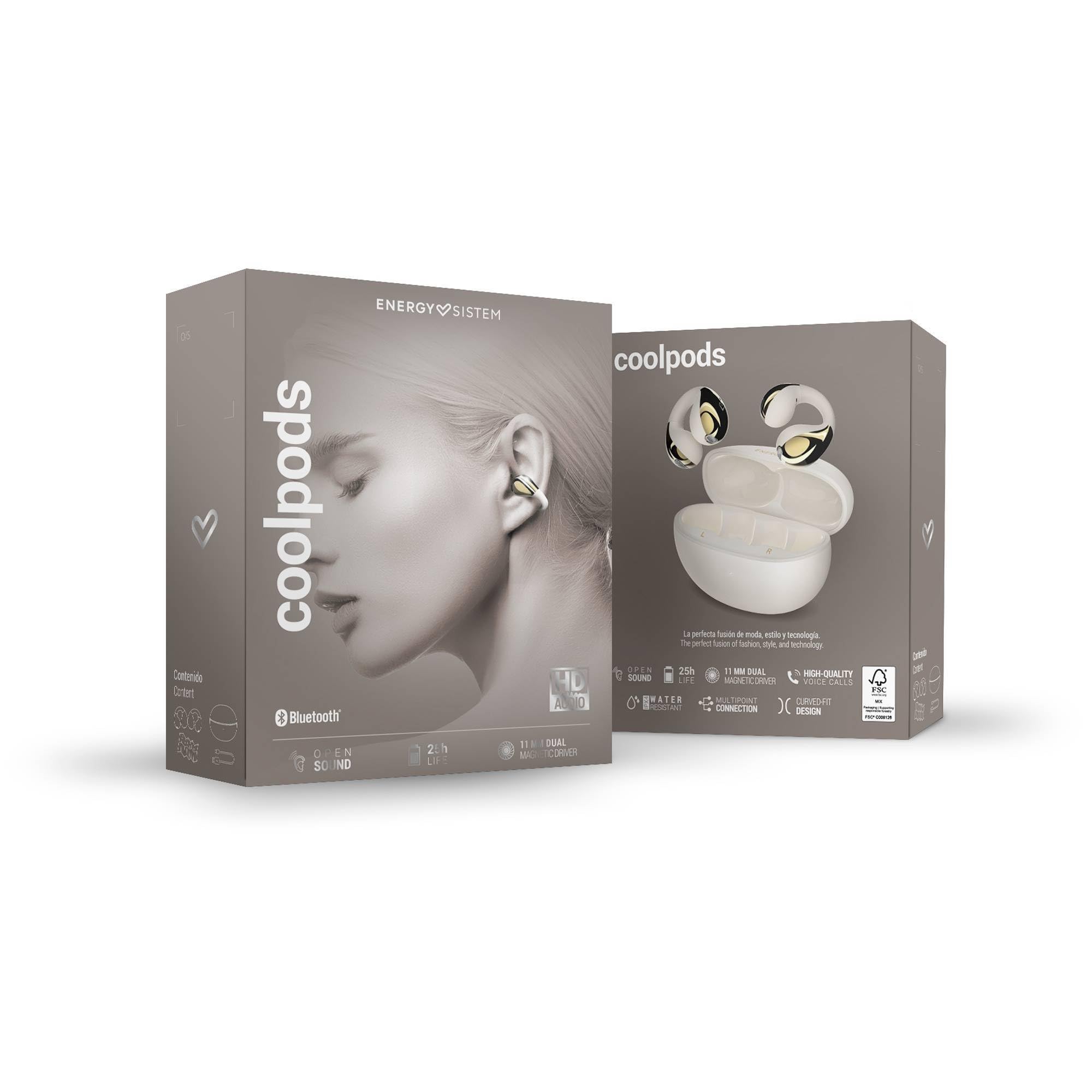 Energy Sistem CoolPods Auriculares Inalambricos Bluetooth 5.4 Deportivos Resistentes al Agua Open Sound ENC Cancelacion de Ruido en Llamadas 25H Bateria Multipoint IPX4 (Cream)