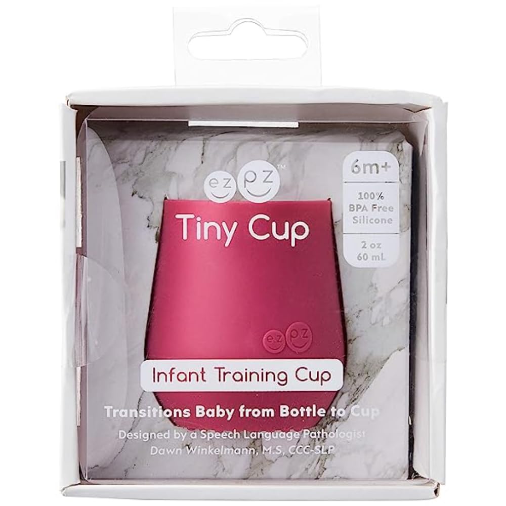 ezpz Tiny Cup - 100% Silicone Drinking Training Open Cup for Baby/Infants - Designed by a Pediatric Feeding Specialist - Soft Non-Slip Grip - Weighted Base & Tactile Bumps - 59 ml, 4 Months+ (Pink) 1