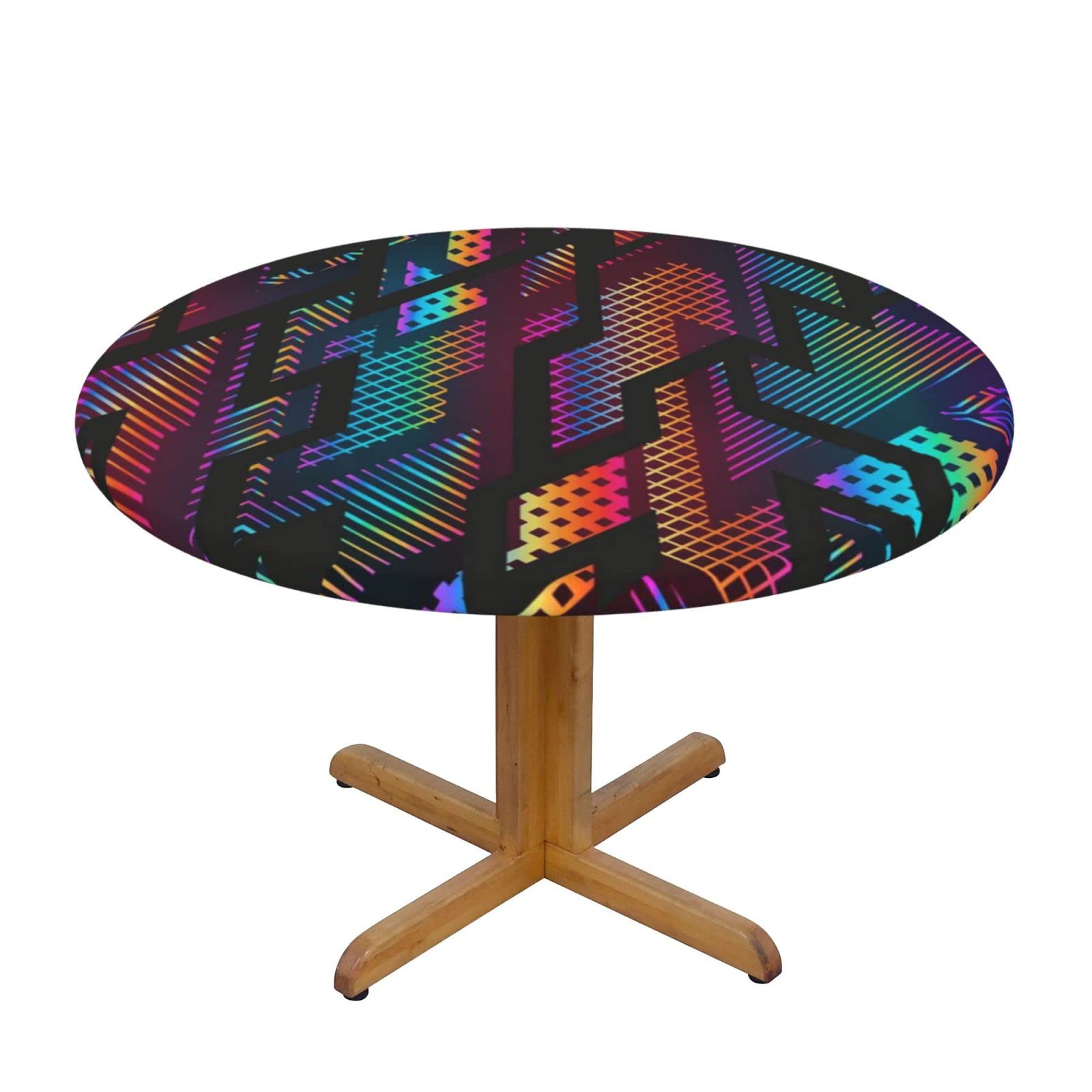 Lsjuee Round Fitted Tablecloth 40-44in Elastic Edged Table Cloth for Kitchen Dining Party Home Decor - Geometric Neon Vibrant Colorful Texture