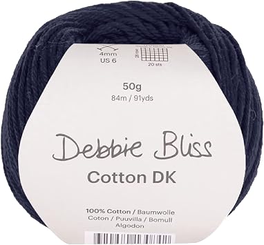 Debbie Bliss 100% Cotton DK Yarn - 1.76oz / 50g, 92yds / 84m | French Navy Blue Color Light Worsted Wool For Crochet, Knitting - Machine Washable, Soft Double Knit Yarn For Clothes