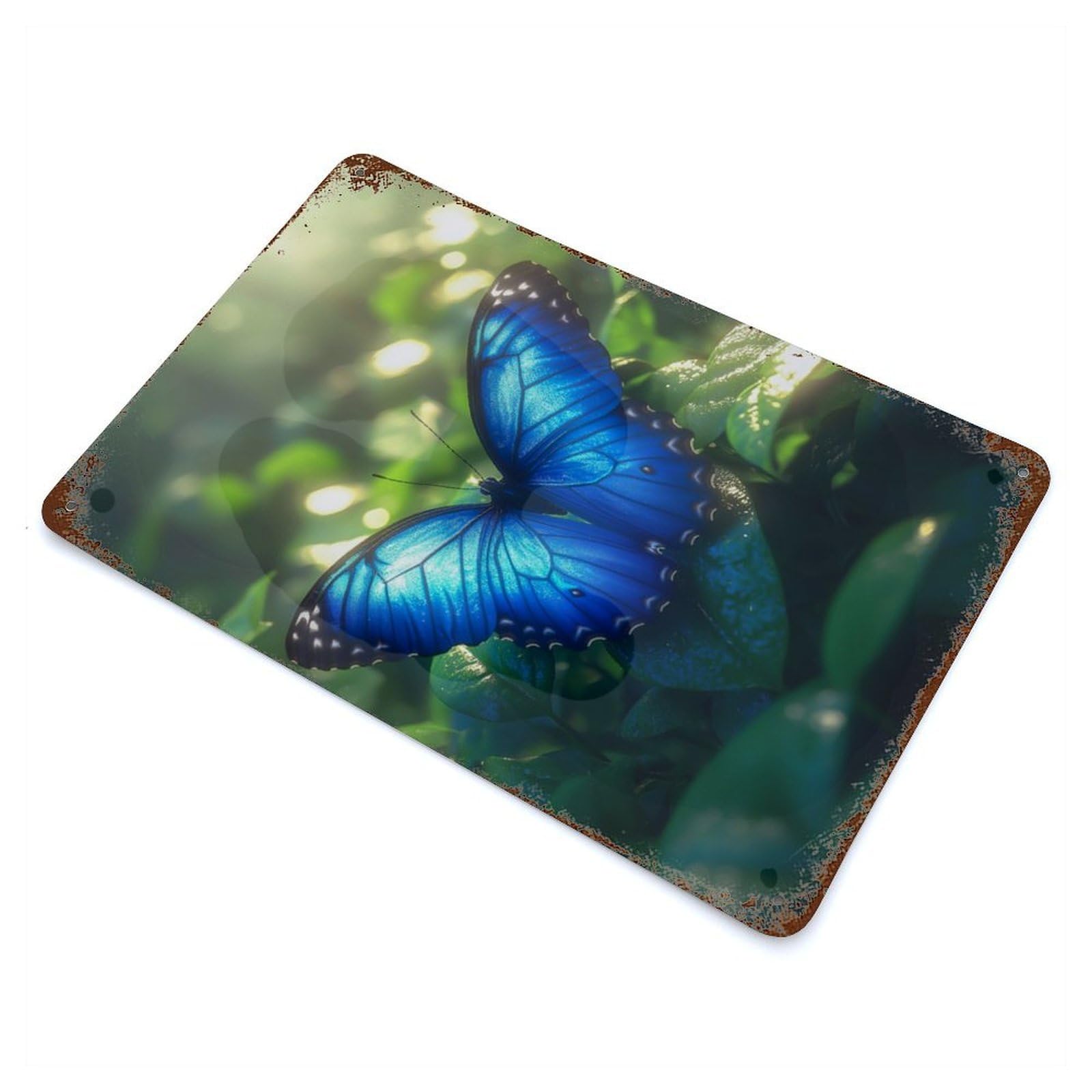 Aged Metal Wall Plaque with Tropical Rainforest Blue Morpho Butterfly Design 11.8"x7.9", for Cafe, Home Bar And Lounge Decor, Novelty Wall Decor